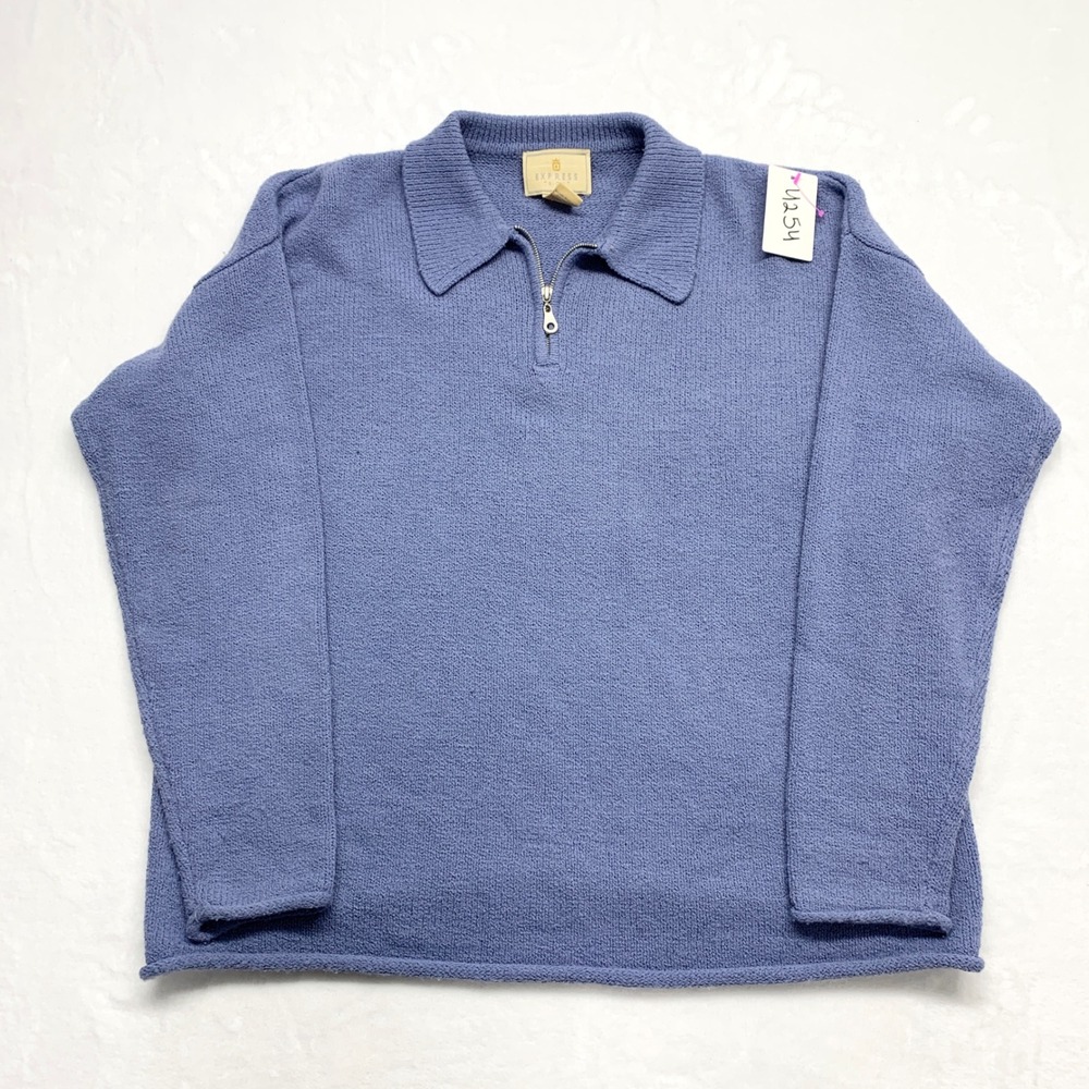 Express Tricot Vintage Quarter Zip Polo Sweater Mens Size M Blue 90s Y2K Acrylic